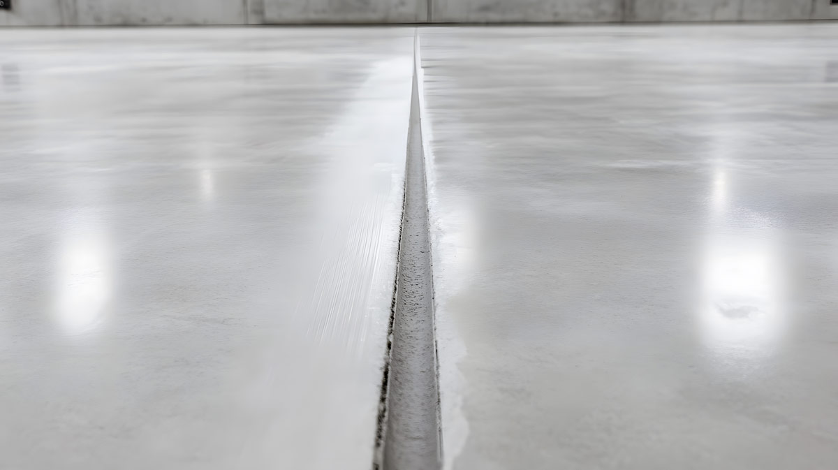 Close-up of a polished concrete floor with a narrow expansion joint running through the center. Reflections of overhead lights are visible on the surface.