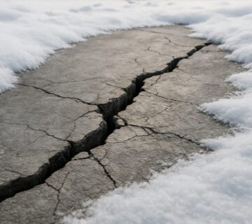 A deep crack in a concrete surface is surrounded by patches of snow on both sides.