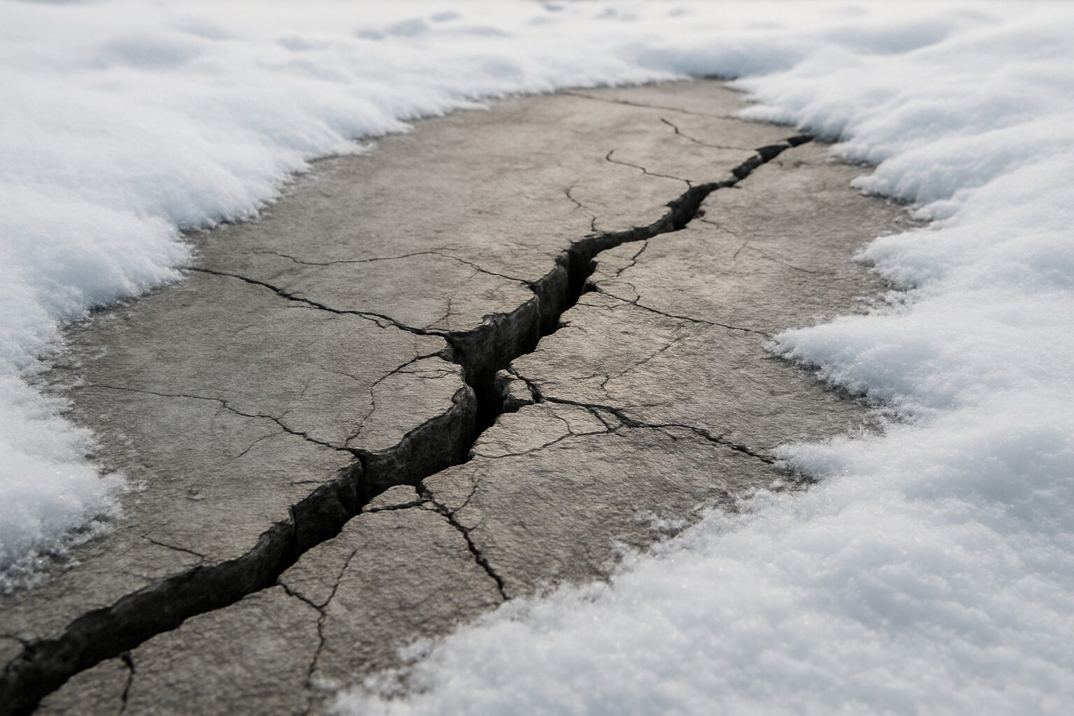 A deep crack in a concrete surface is surrounded by patches of snow on both sides.