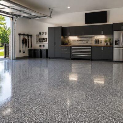 A clean, modern garage with a polished garage floor coating, dark cabinets, tool storage, a refrigerator, and an open garage door showing a green lawn outside. A clean, modern garage with a polished garage floor coating, dark cabinets, tool storage, a refrigerator, and an open garage door showing a green lawn outside.