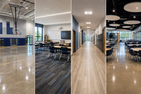 A collage shows a gym, a classroom, a hallway with lockers, and a cafeteria in a modern school building, each space featuring durable and stylish school flooring. A collage shows a gym, a classroom, a hallway with lockers, and a cafeteria in a modern school building, each space featuring durable and stylish school flooring.