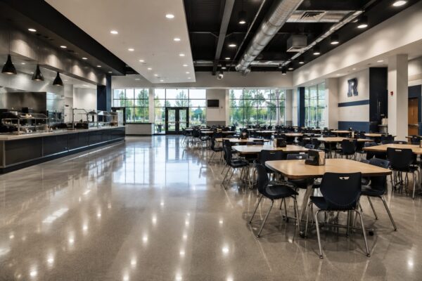 Spacious, well-lit cafeteria with round tables and navy chairs, food serving area on the left, large windows, and polished school flooring. Spacious, well-lit cafeteria with round tables and navy chairs, food serving area on the left, large windows, and polished school flooring.